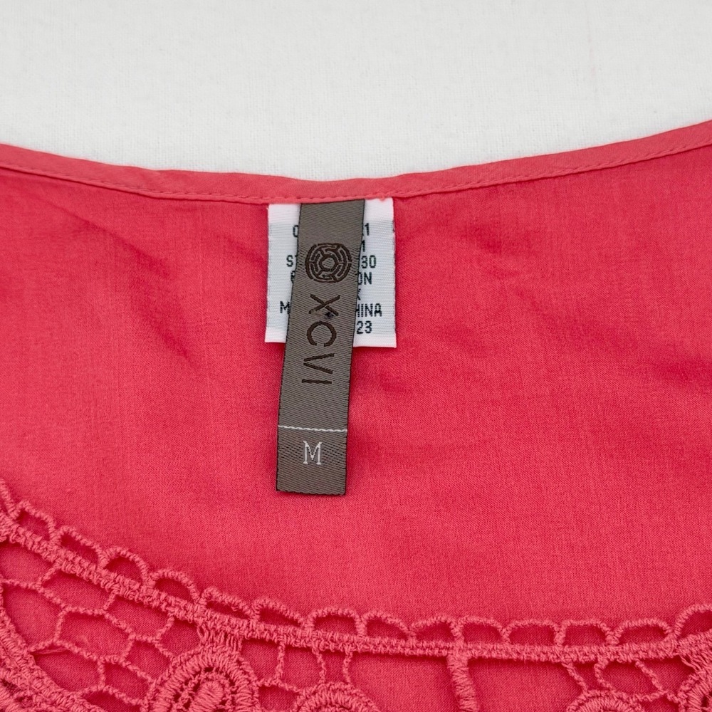 XCVI Coral Pink Cotton Silk Crochet Lace Tunic Top Bohemian Romantic Beachy Sz M - Picture 3 of 16